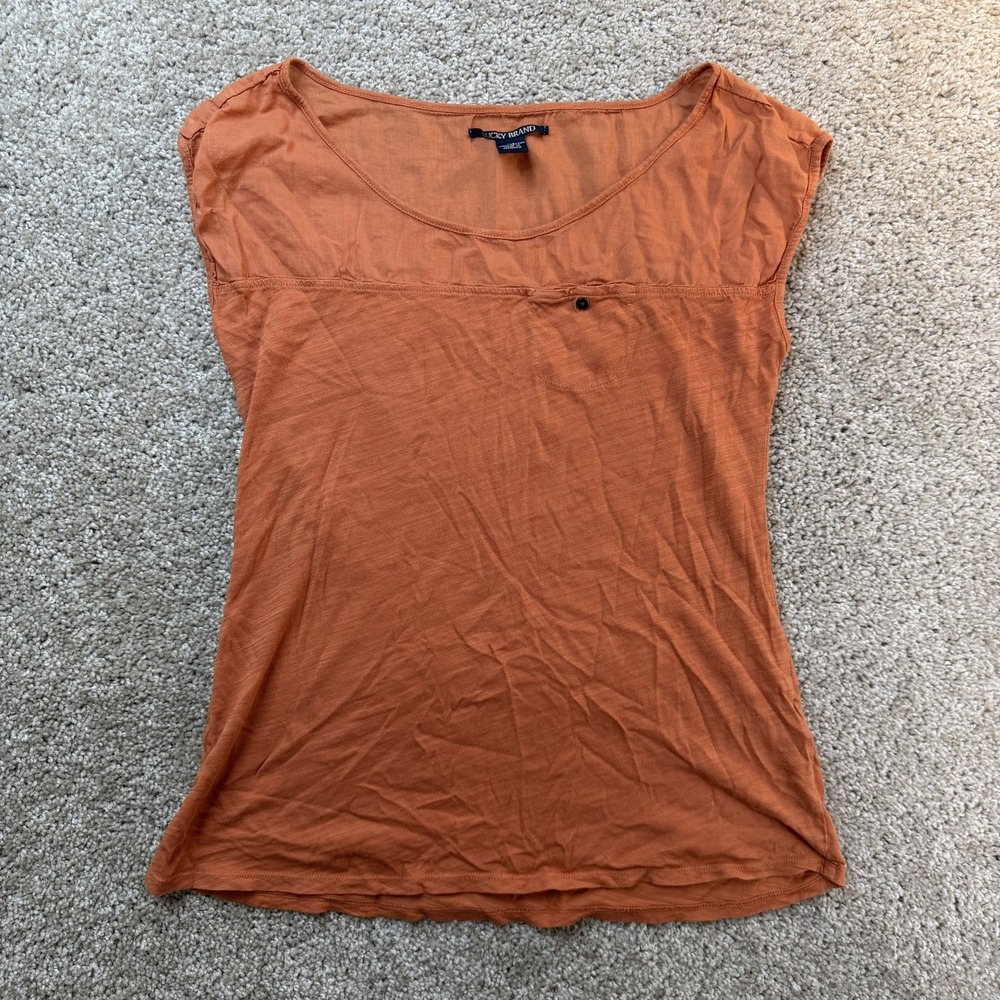 Y2K Lucky Brand Shirt Womens XS Orange Scoop Neck Cap Sleeve Lightweight Top